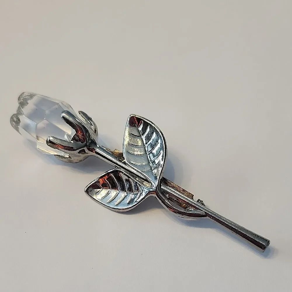 Silver Rose Brooch with Glass Rose